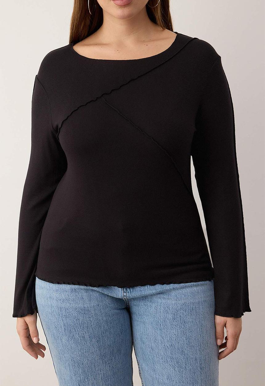 Trendyol - Plus Soft Fabric Ribbed Detail Spanish Sleeve Knitted Blouse - Black