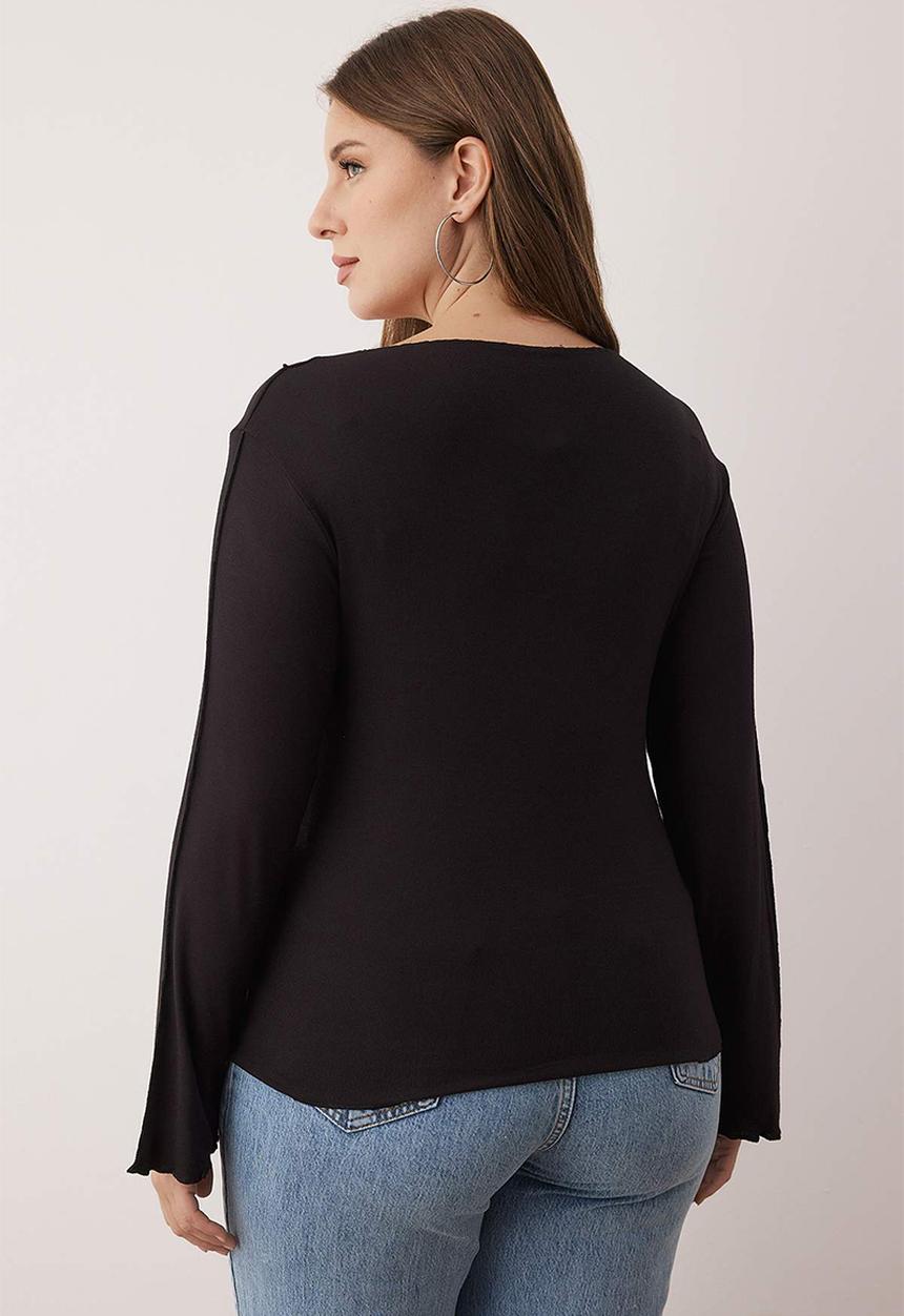 Trendyol - Plus Soft Fabric Ribbed Detail Spanish Sleeve Knitted Blouse - Black