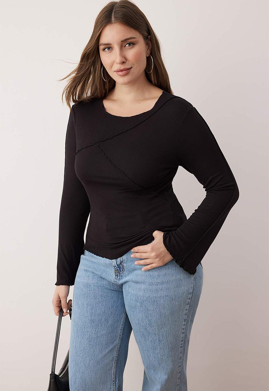 Trendyol - Plus Soft Fabric Ribbed Detail Spanish Sleeve Knitted Blouse - Black