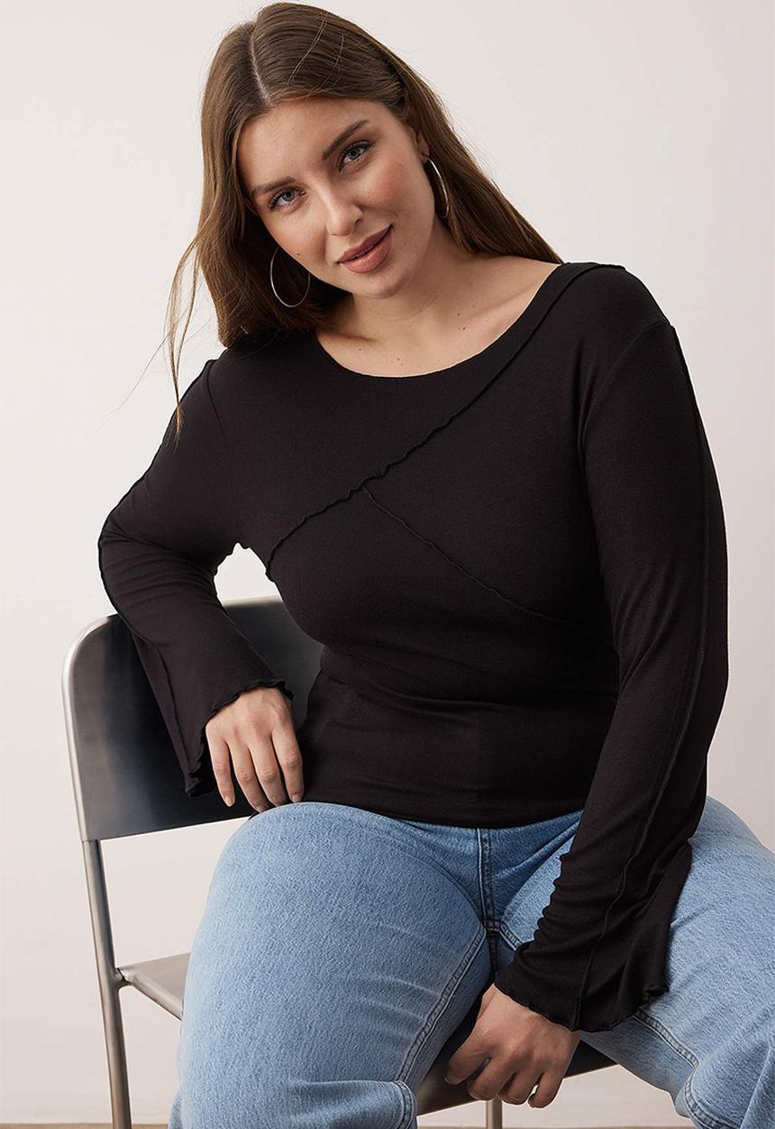 Trendyol - Plus Soft Fabric Ribbed Detail Spanish Sleeve Knitted Blouse - Black