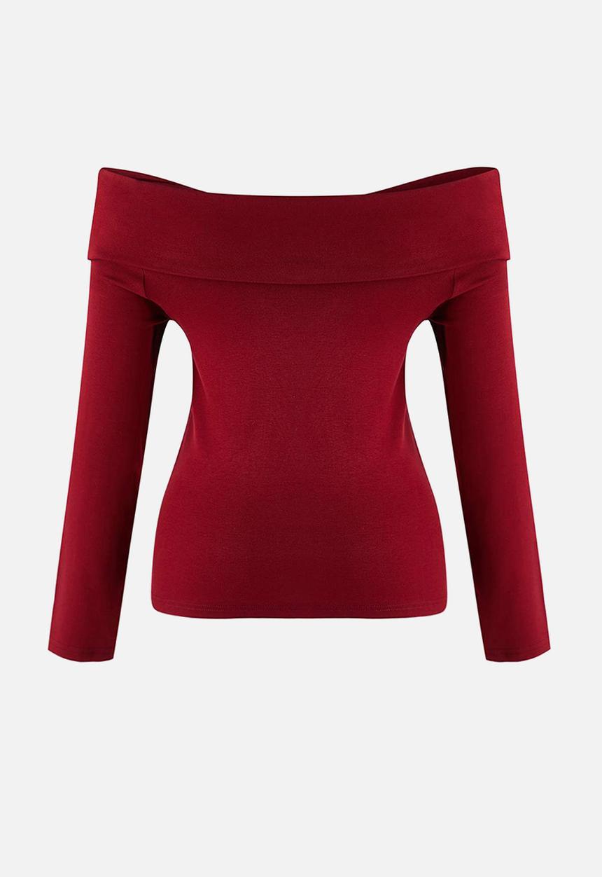Trendyol - Plus Viscose Soft Fabric Bodycon Carmen Collar Knitted Blouse - Red