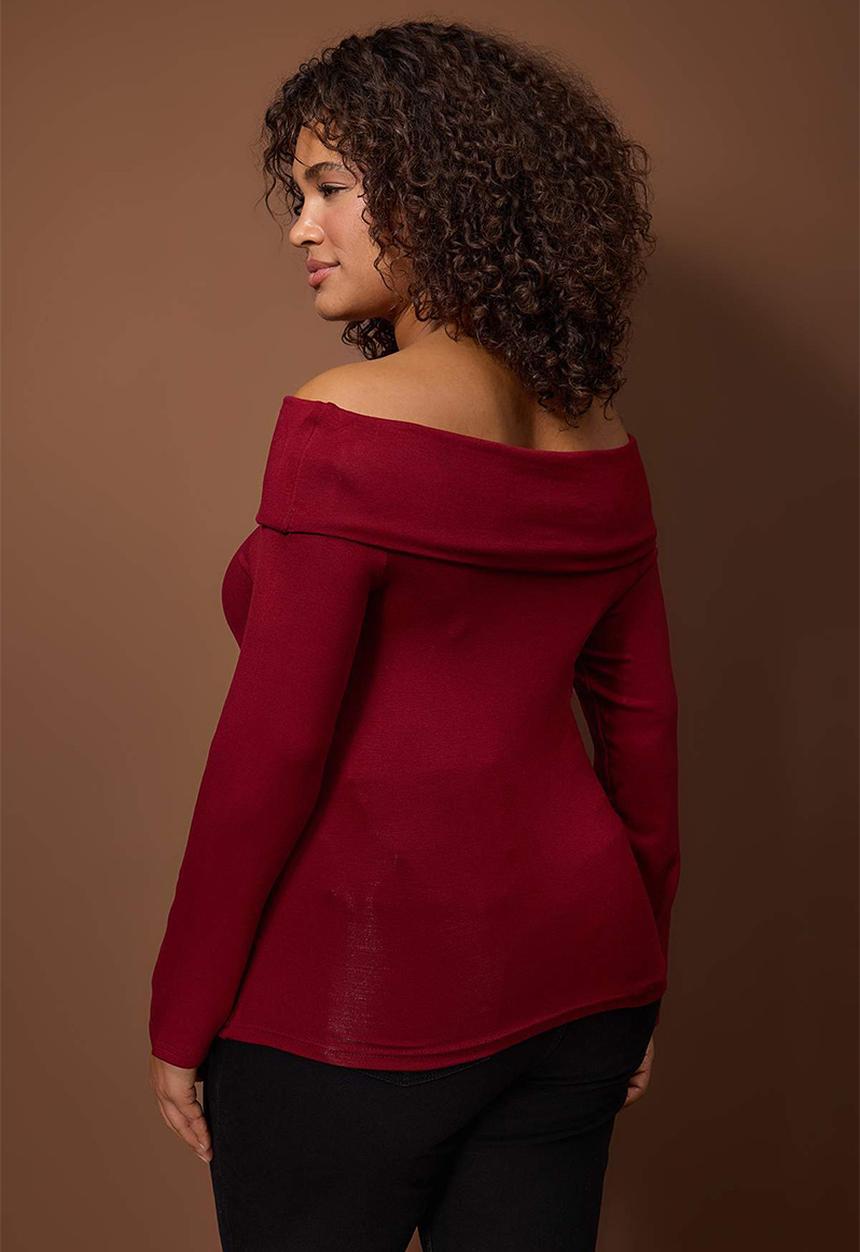 Trendyol - Plus Viscose Soft Fabric Bodycon Carmen Collar Knitted Blouse - Red