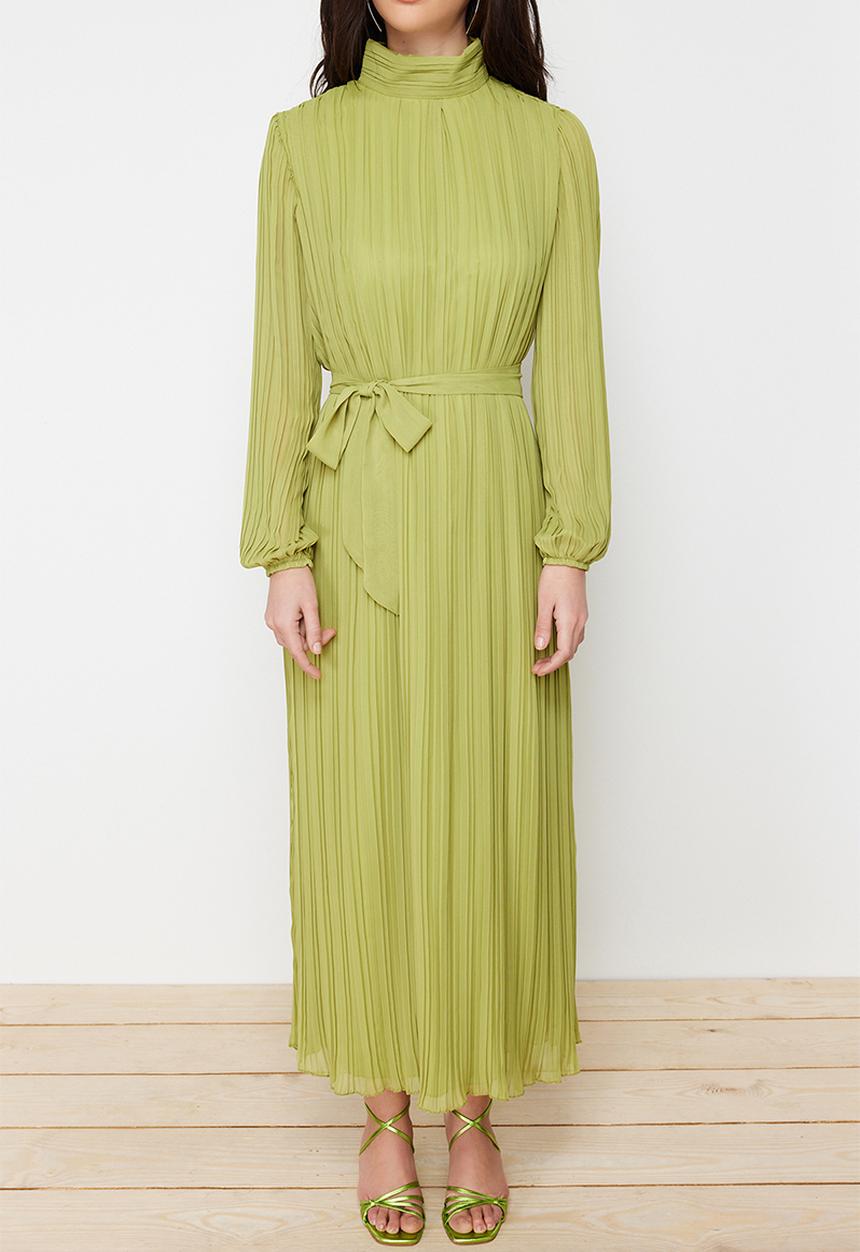 Trendyol - Pleated Woven Lined Chiffon Dress - Oil Green