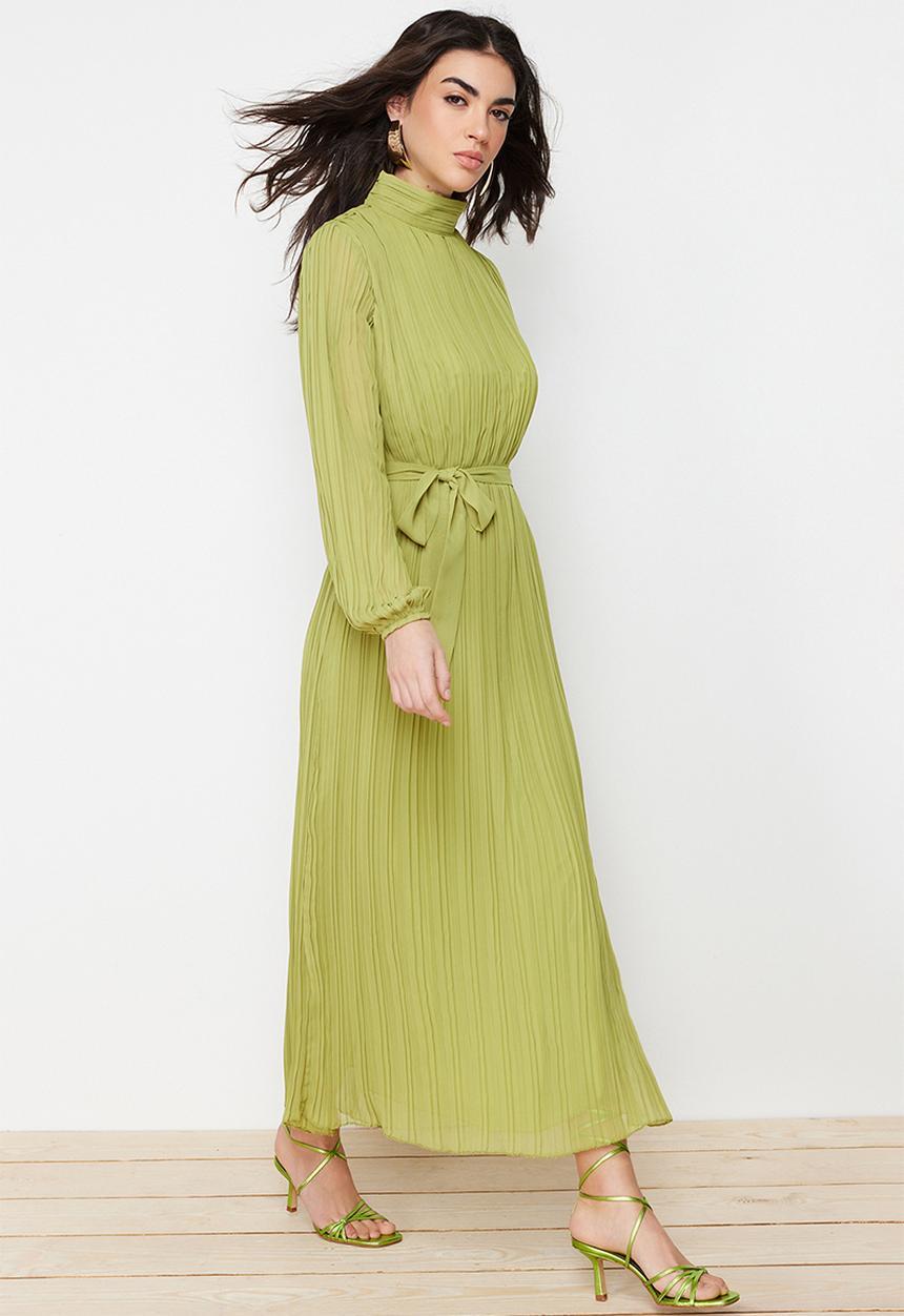 Trendyol - Pleated Woven Lined Chiffon Dress - Oil Green