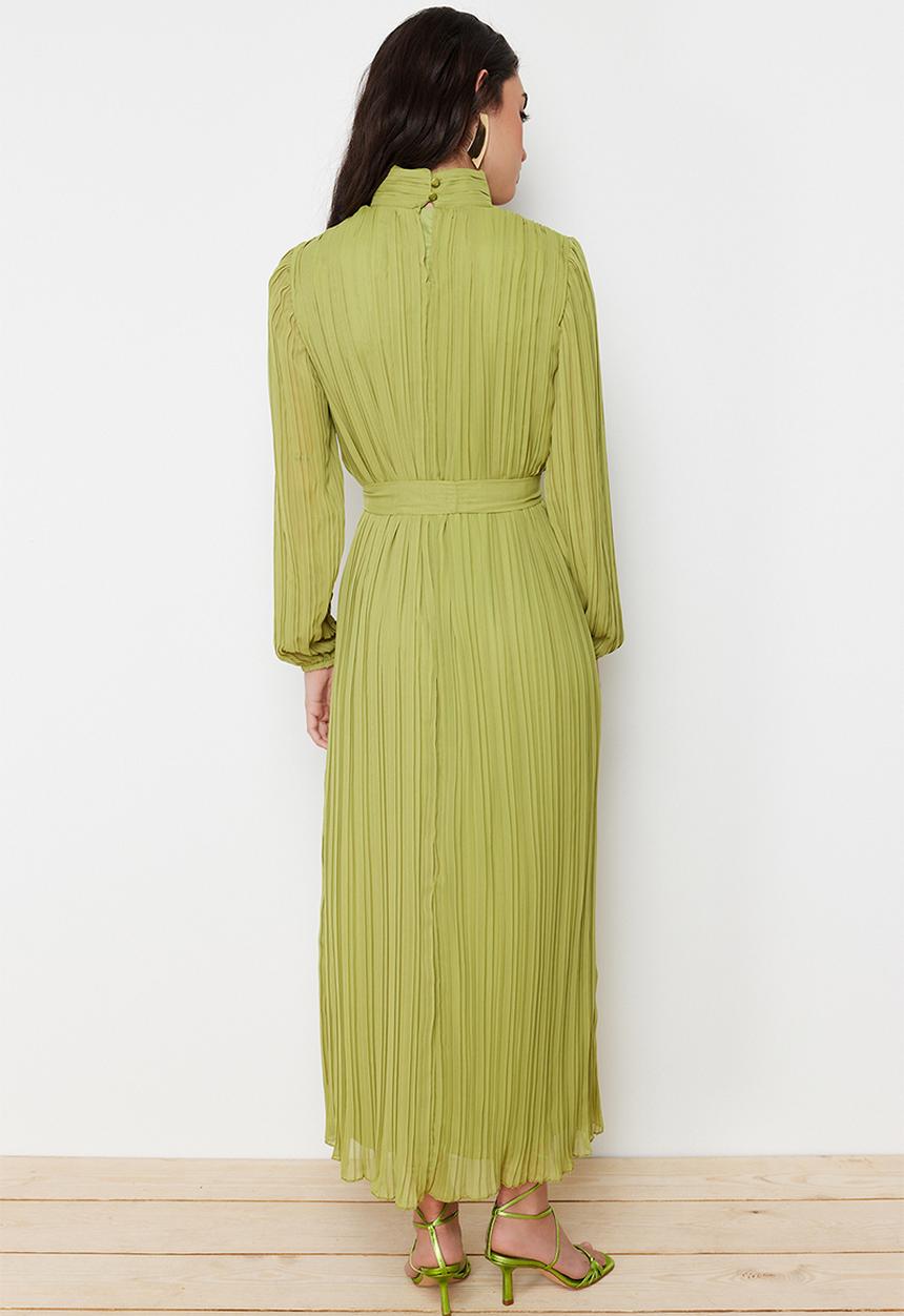 Trendyol - Pleated Woven Lined Chiffon Dress - Oil Green
