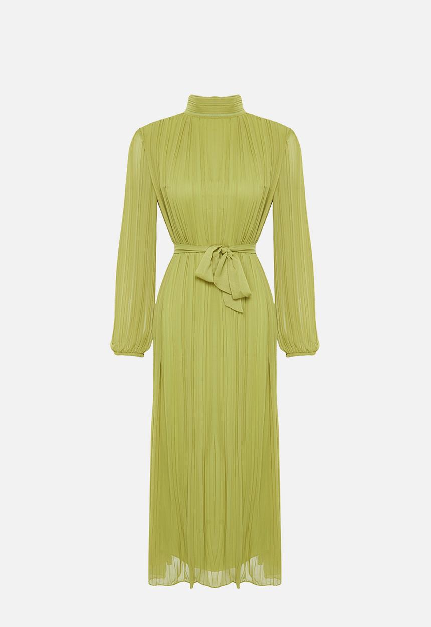 Trendyol - Pleated Woven Lined Chiffon Dress - Oil Green