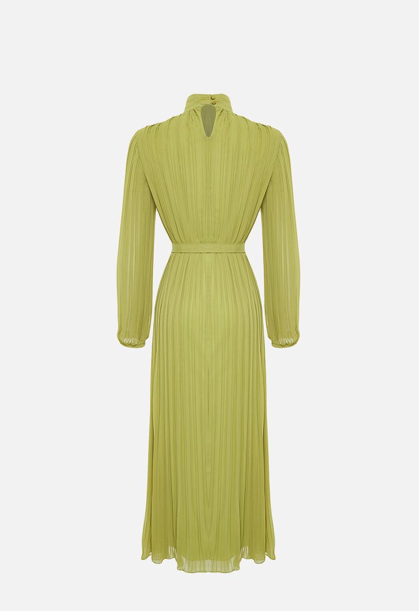 Trendyol - Pleated Woven Lined Chiffon Dress - Oil Green