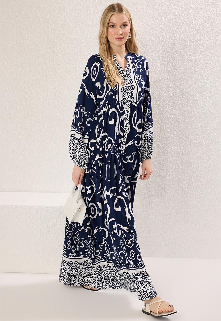 Trendyol - Patterned Viscose Woven Dress - Indigo