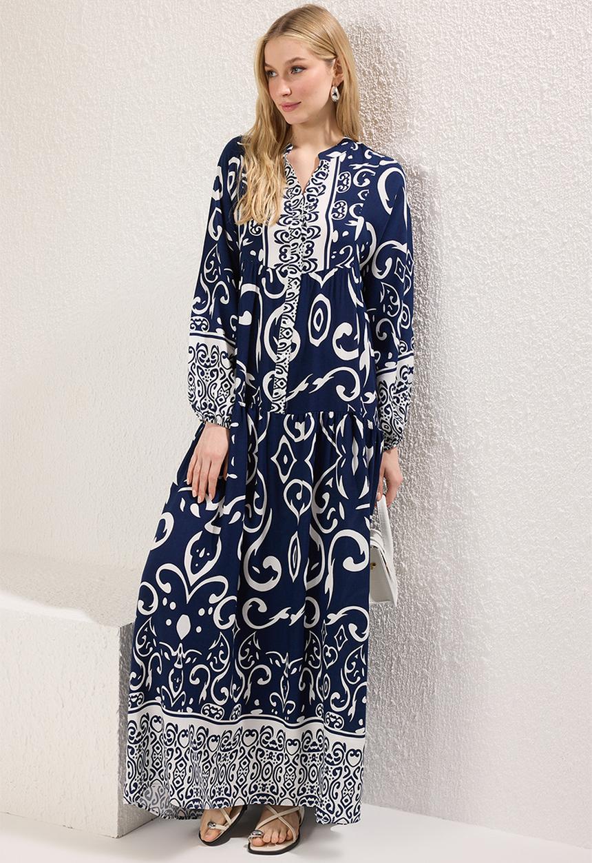 Trendyol - Patterned Viscose Woven Dress - Indigo