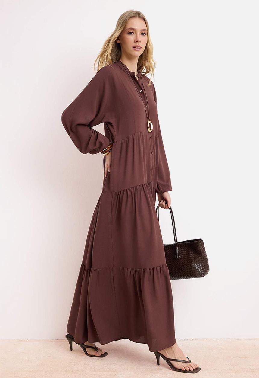 Trendyol - Plain Woven Shally Dress - Brown