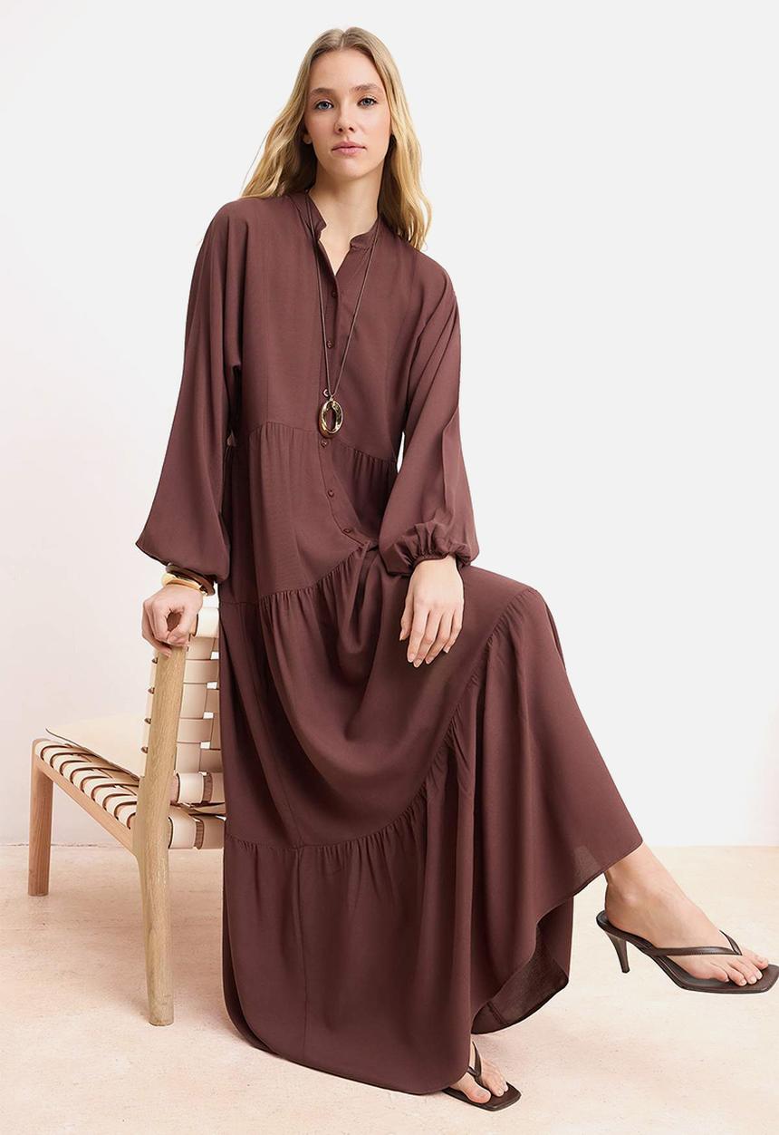 Trendyol - Plain Woven Shally Dress - Brown