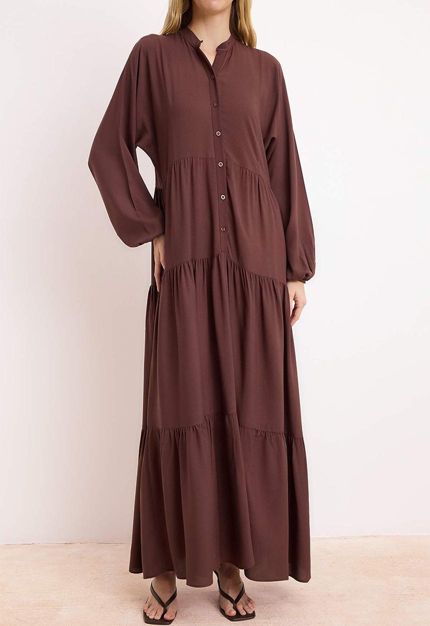 Trendyol - Plain Woven Shally Dress - Brown