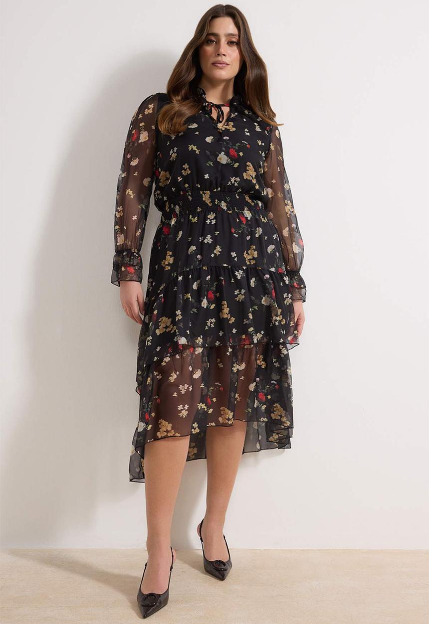 Trendyol - Plus Halter Shawl Pattern Chiffon Woven Winter Dress - Black