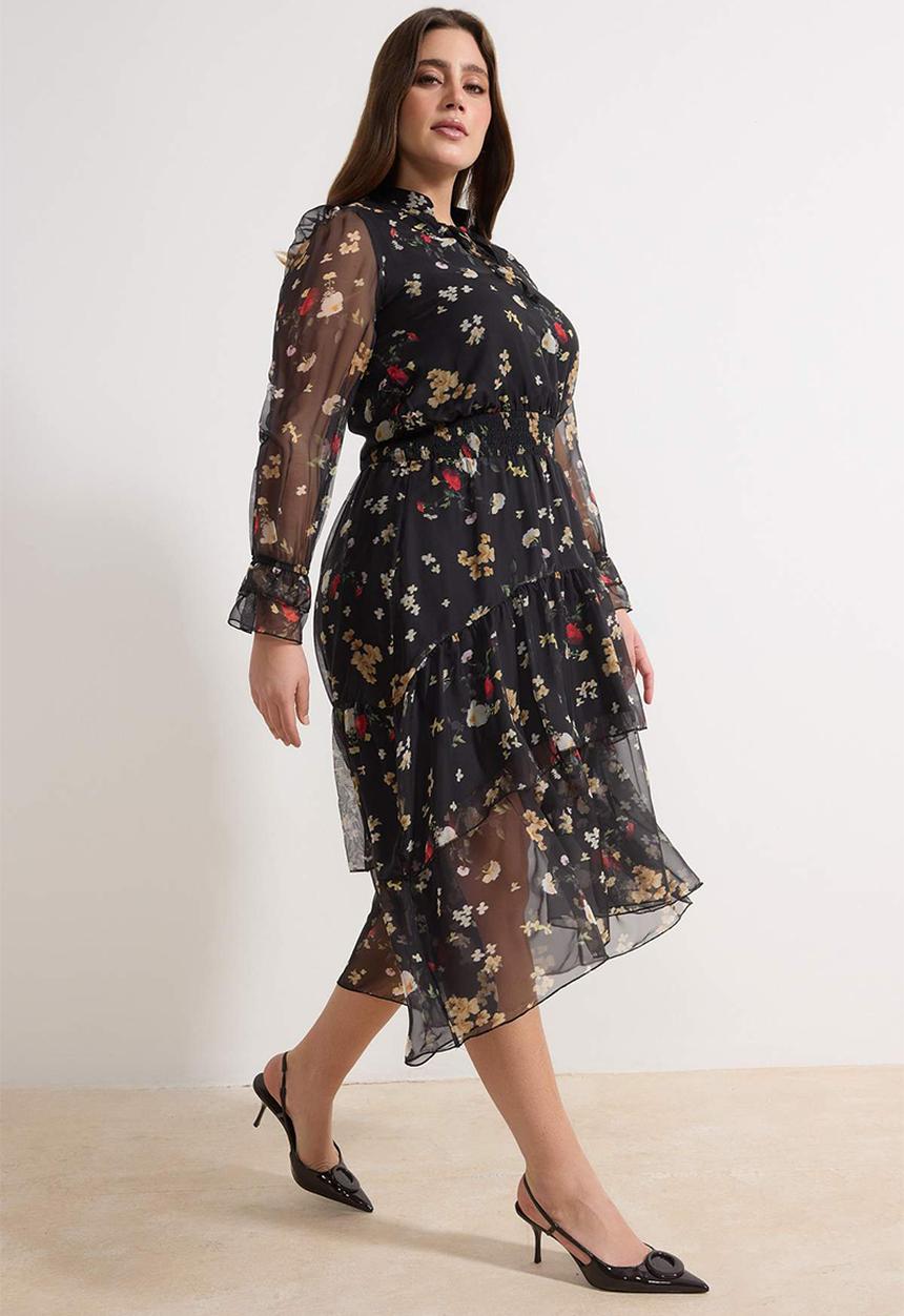 Trendyol - Plus Halter Shawl Pattern Chiffon Woven Winter Dress - Black