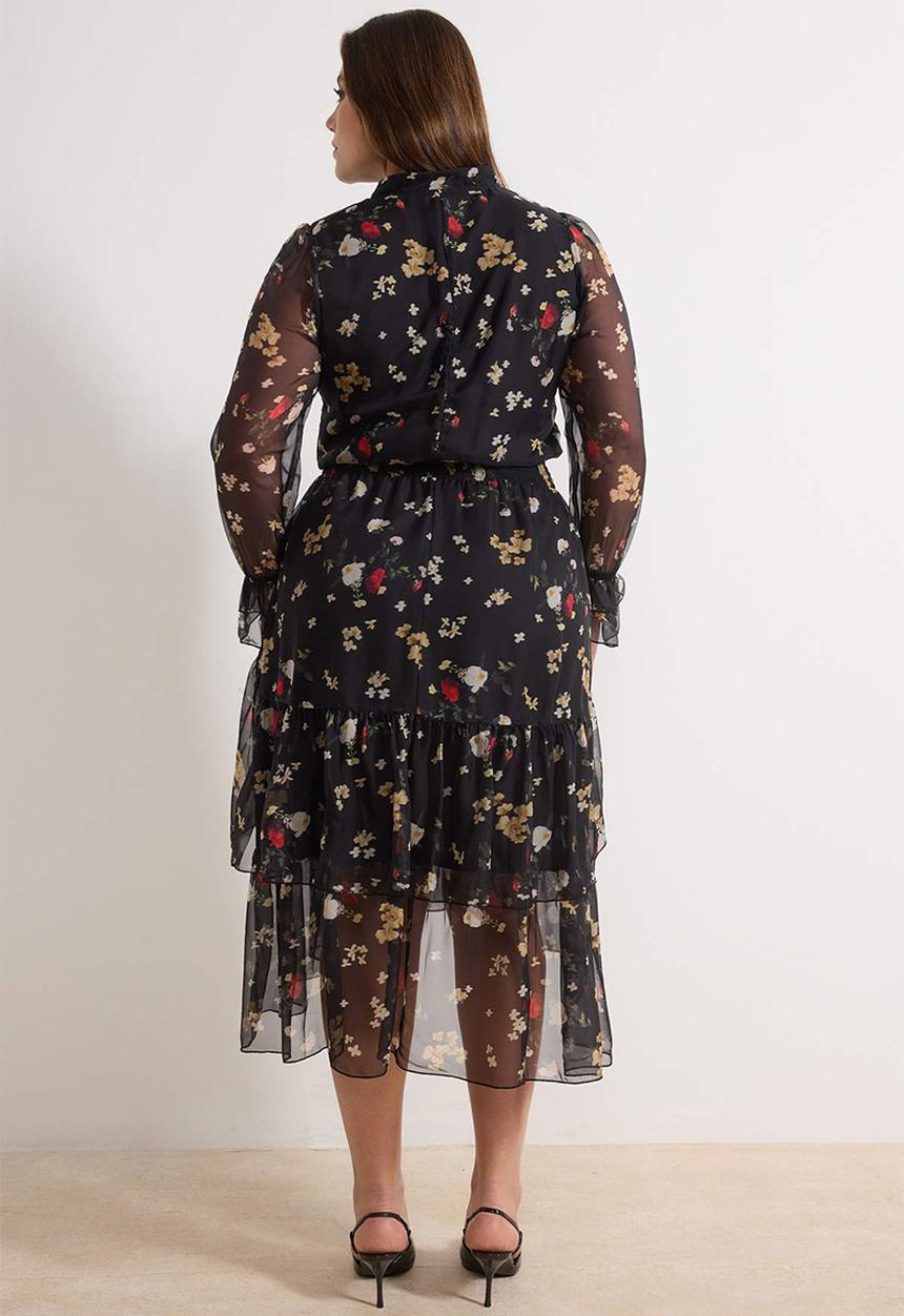 Trendyol - Plus Halter Shawl Pattern Chiffon Woven Winter Dress - Black