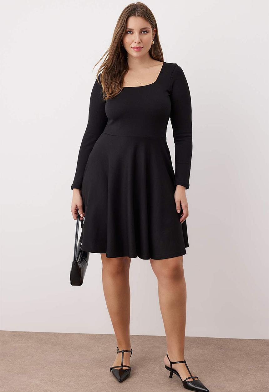 Trendyol - Plus Square Collar Skater Mini Knitted Dress - Black
