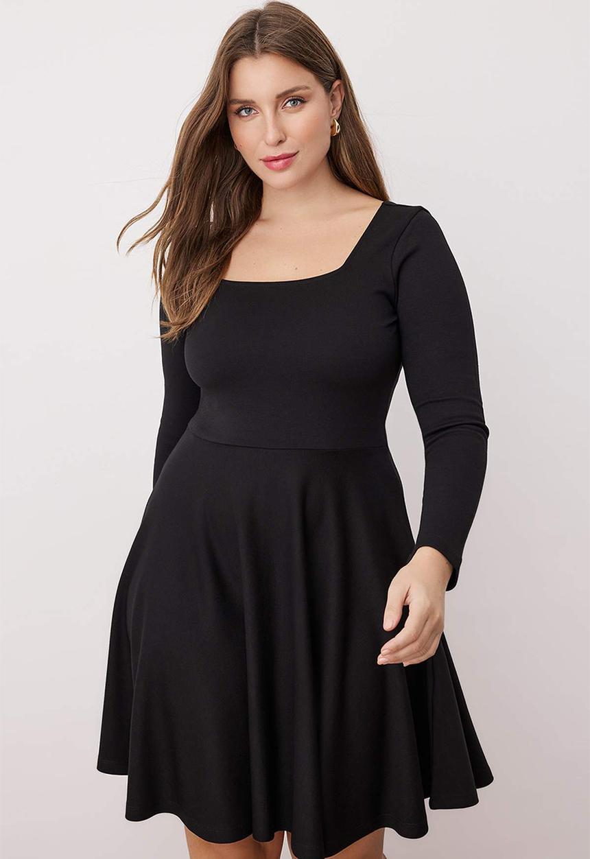 Trendyol - Plus Square Collar Skater Mini Knitted Dress - Black