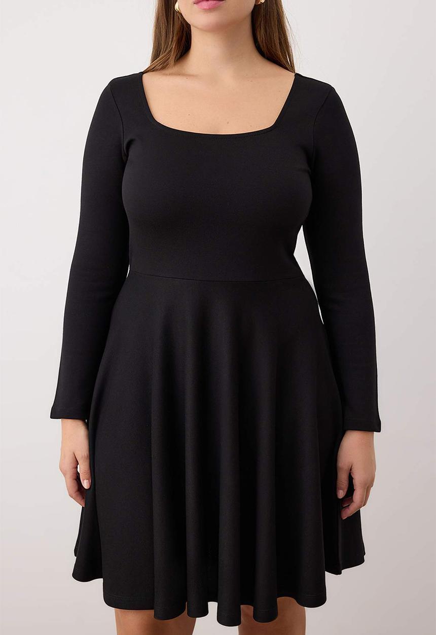 Trendyol - Plus Square Collar Skater Mini Knitted Dress - Black