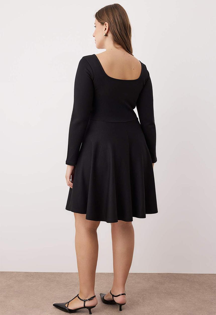 Trendyol - Plus Square Collar Skater Mini Knitted Dress - Black