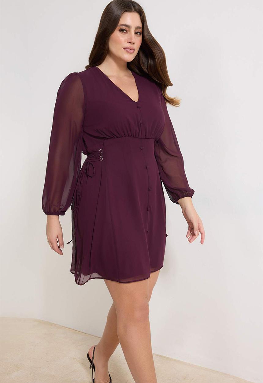 Trendyol - Plus Eyelet Detailed Buttoned Lined Chiffon Woven Dress - Plum