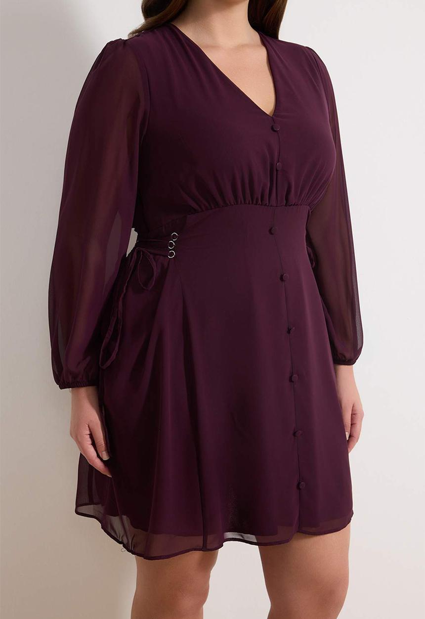 Trendyol - Plus Eyelet Detailed Buttoned Lined Chiffon Woven Dress - Plum