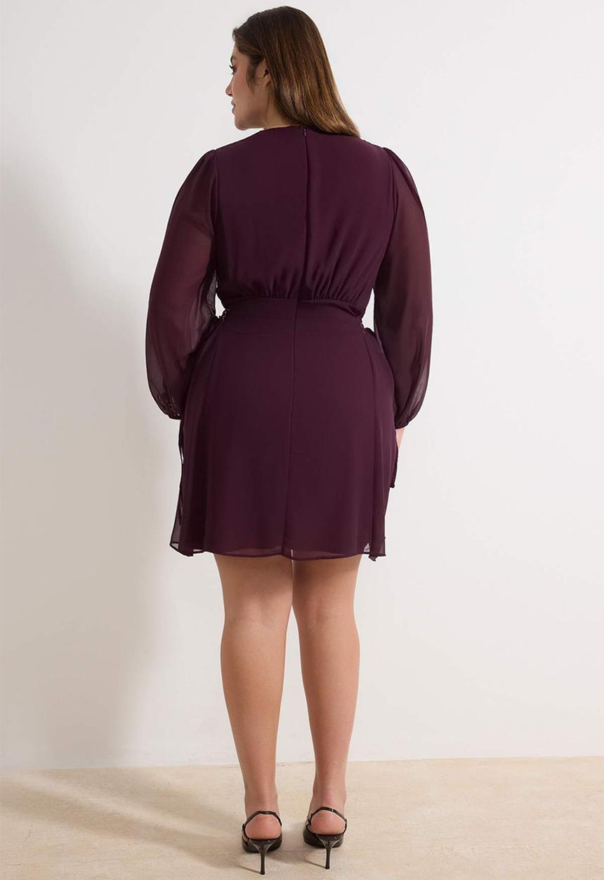Trendyol - Plus Eyelet Detailed Buttoned Lined Chiffon Woven Dress - Plum