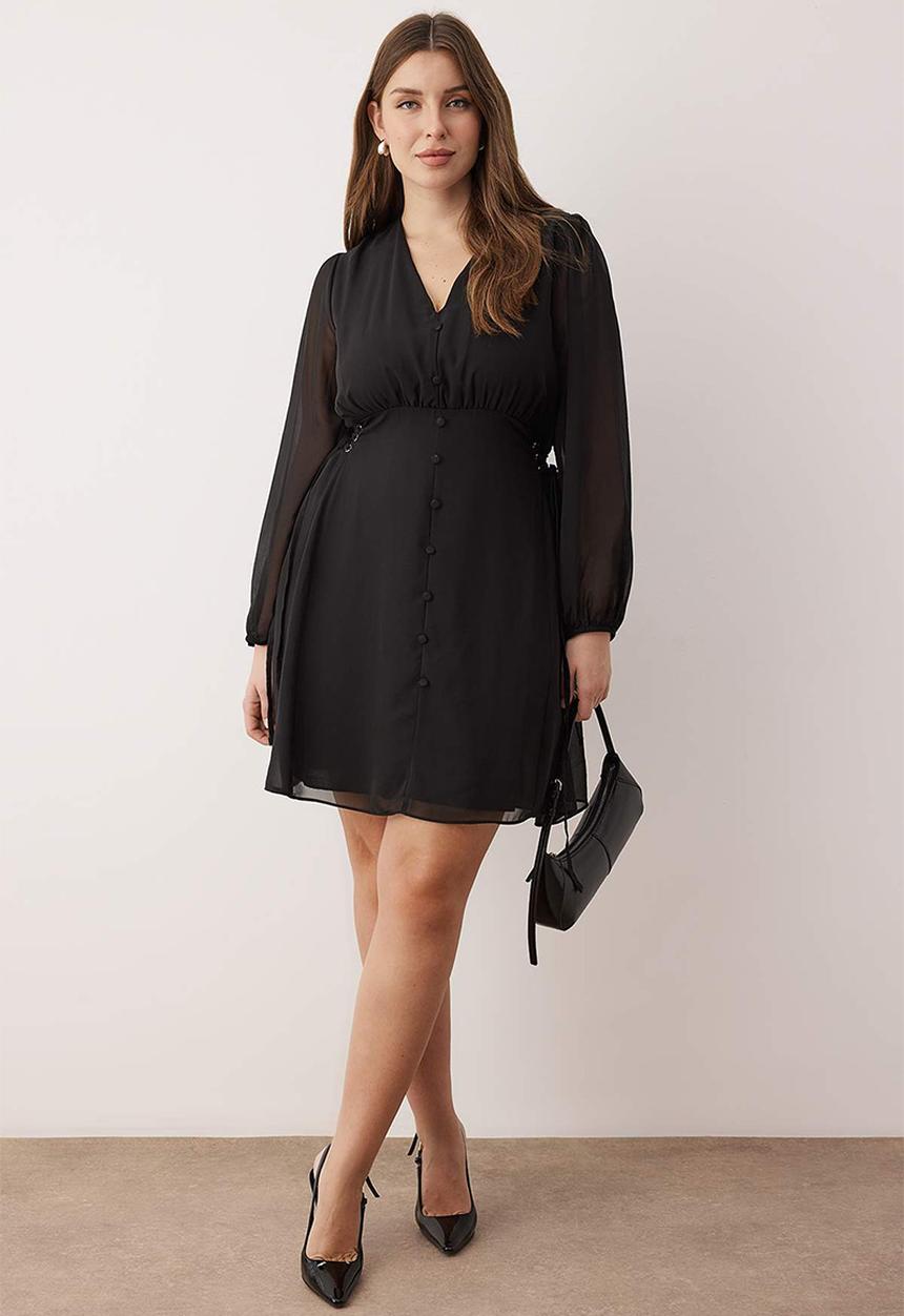 Trendyol - Plus Eyelet Detail Button Lined Chiffon Woven Dress - Black