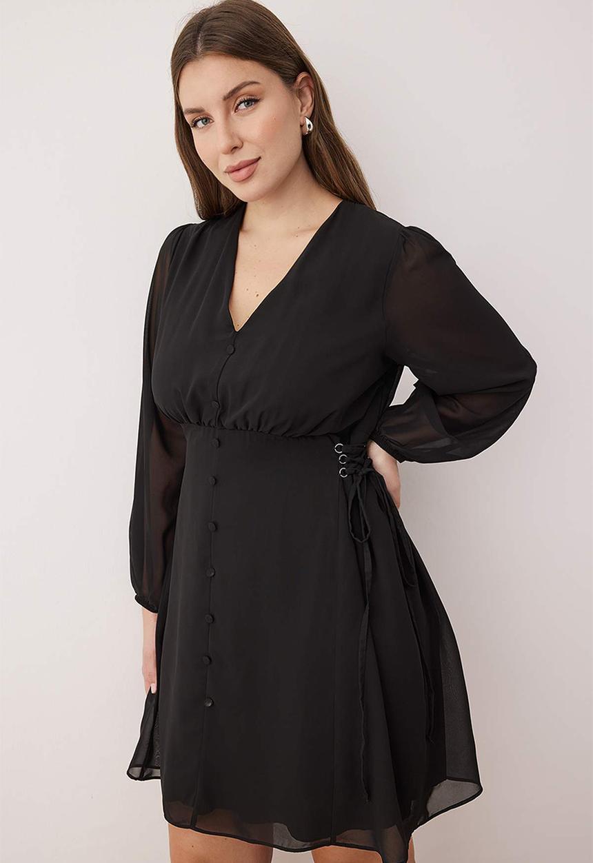 Trendyol - Plus Eyelet Detail Button Lined Chiffon Woven Dress - Black