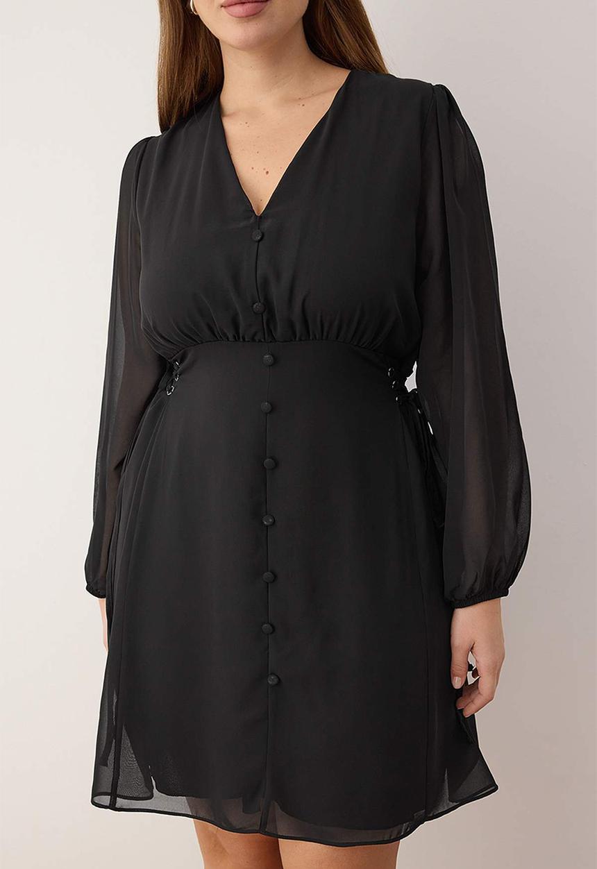 Trendyol - Plus Eyelet Detail Button Lined Chiffon Woven Dress - Black