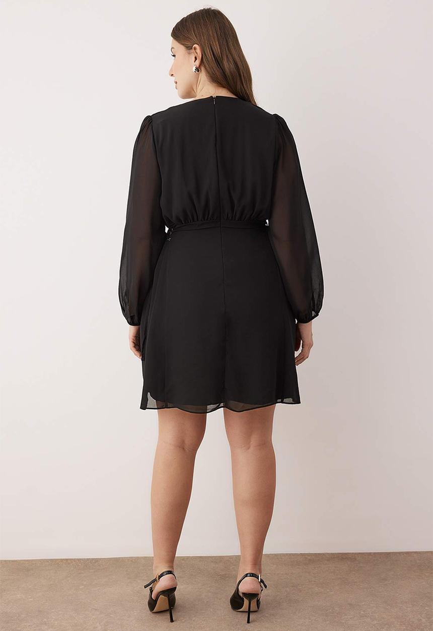 Trendyol - Plus Eyelet Detail Button Lined Chiffon Woven Dress - Black