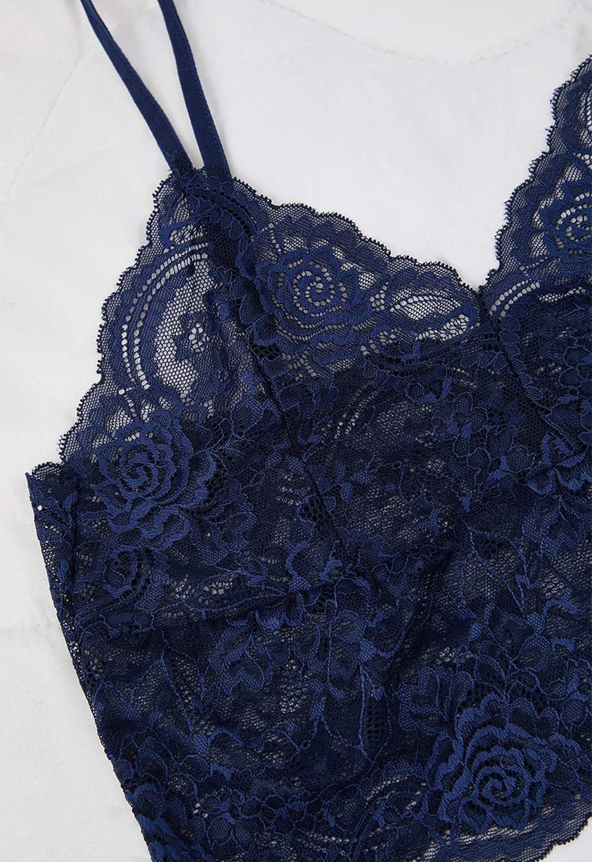 Trendyol - Plus 3-Piece Dowry Set Top Lace Bottom Satin Pajama Set - Navy Blue