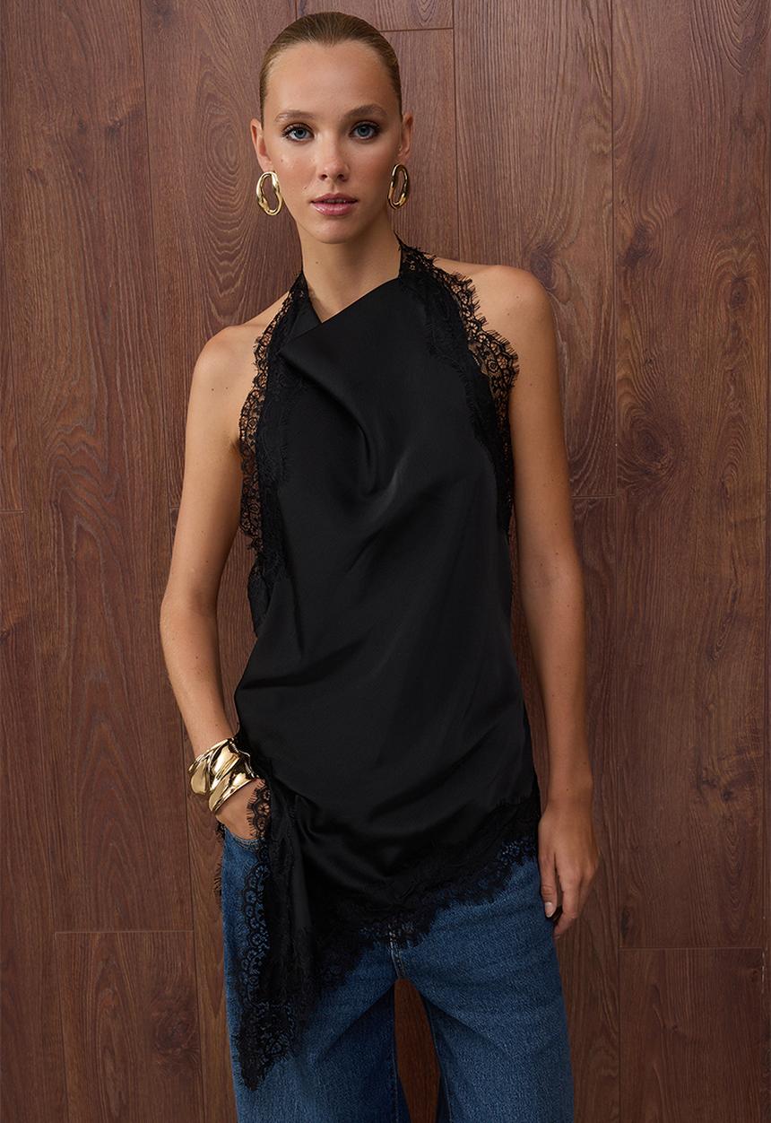 Trendyol - Asymmetric Satin Blouse - Black