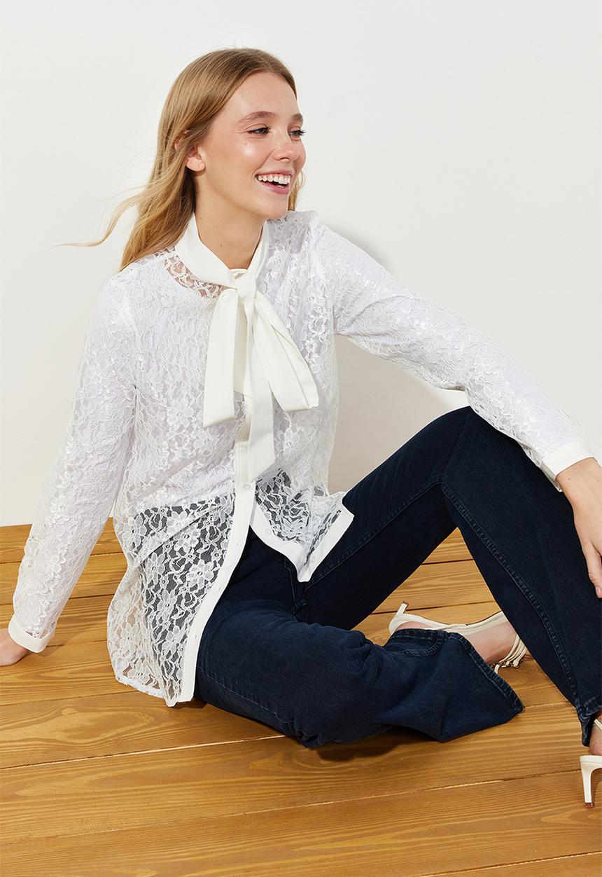Trendyol - Embroidery Lace Stylish Woven Shirt - White