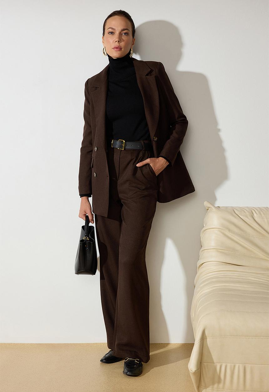 Trendyol - Linen-Textured Jacket and Trousers Set - Brown