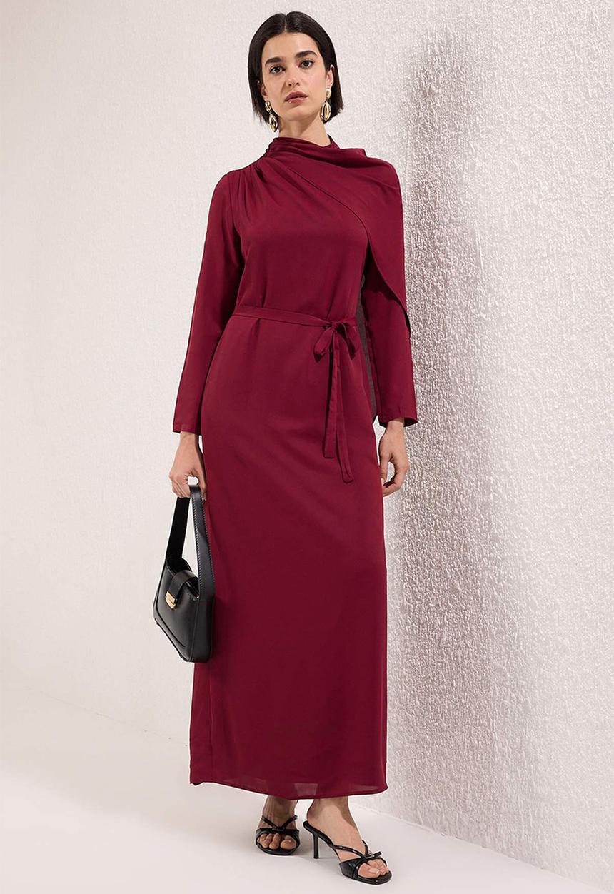 Trendyol - Cape Detailed Woven Dress - Burgundy