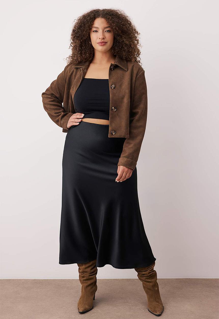 Trendyol - Plus Midi Length Satin Woven Skirt - Black
