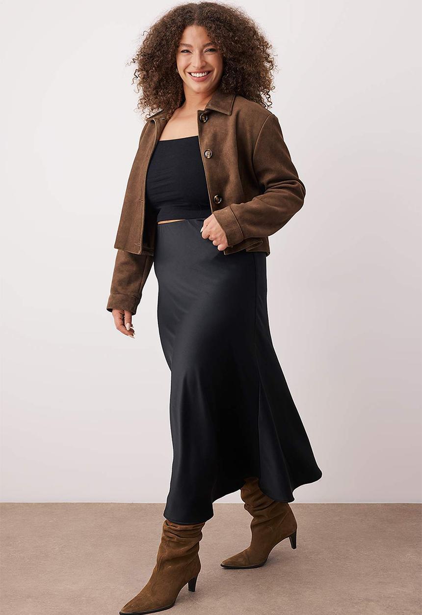 Trendyol - Plus Midi Length Satin Woven Skirt - Black