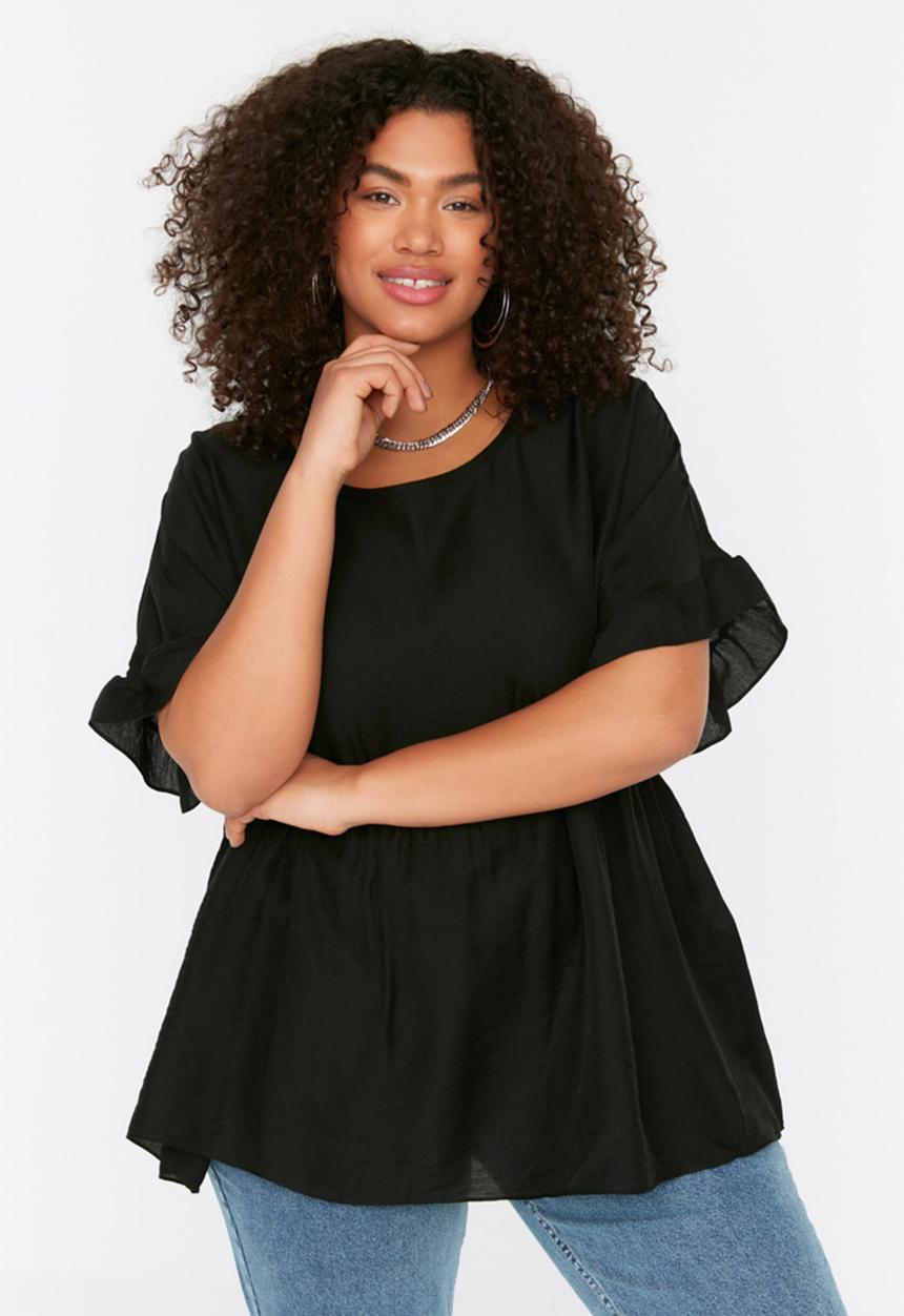 Trendyol - Plus Flounce Woven Blouse - Black