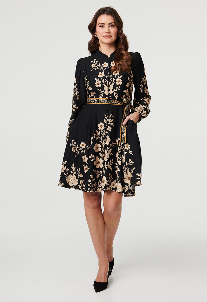 Stella Morgan - Long Sleeve Button Through Midi Dress With Tie Belt - Floral