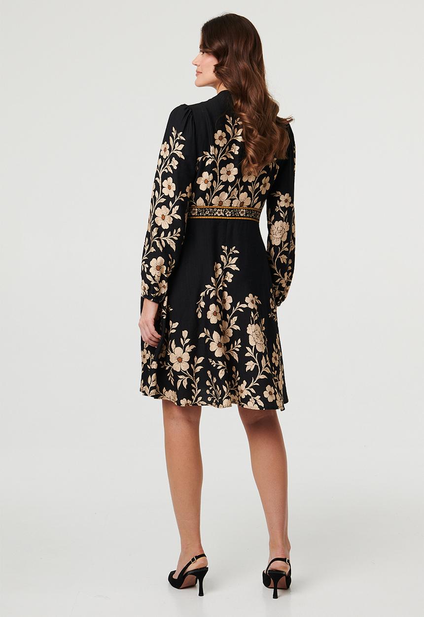 Stella Morgan - Long Sleeve Button Through Midi Dress With Tie Belt - Floral