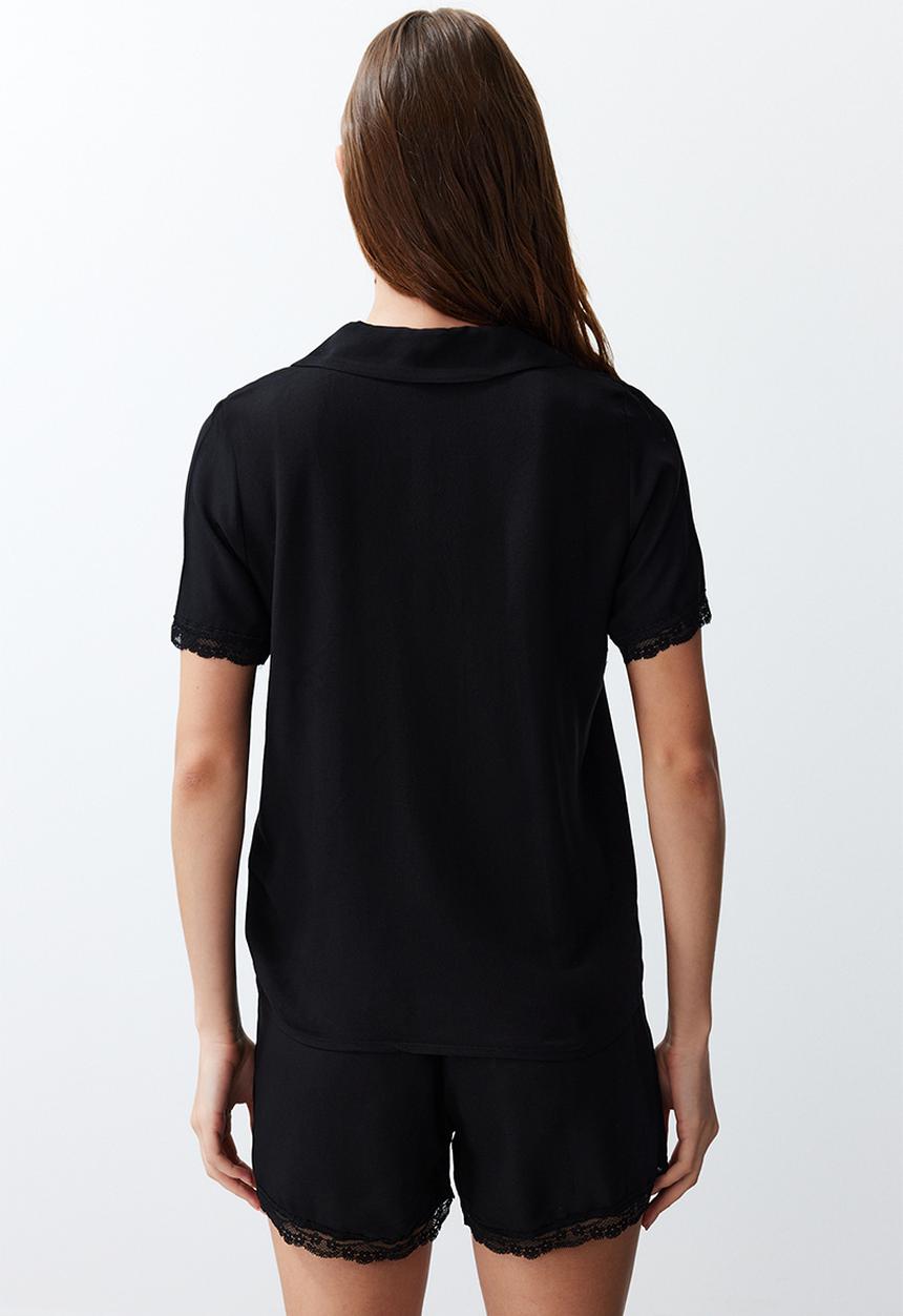 Trendyol - Woven pajama set with black lace viscose shorts - black