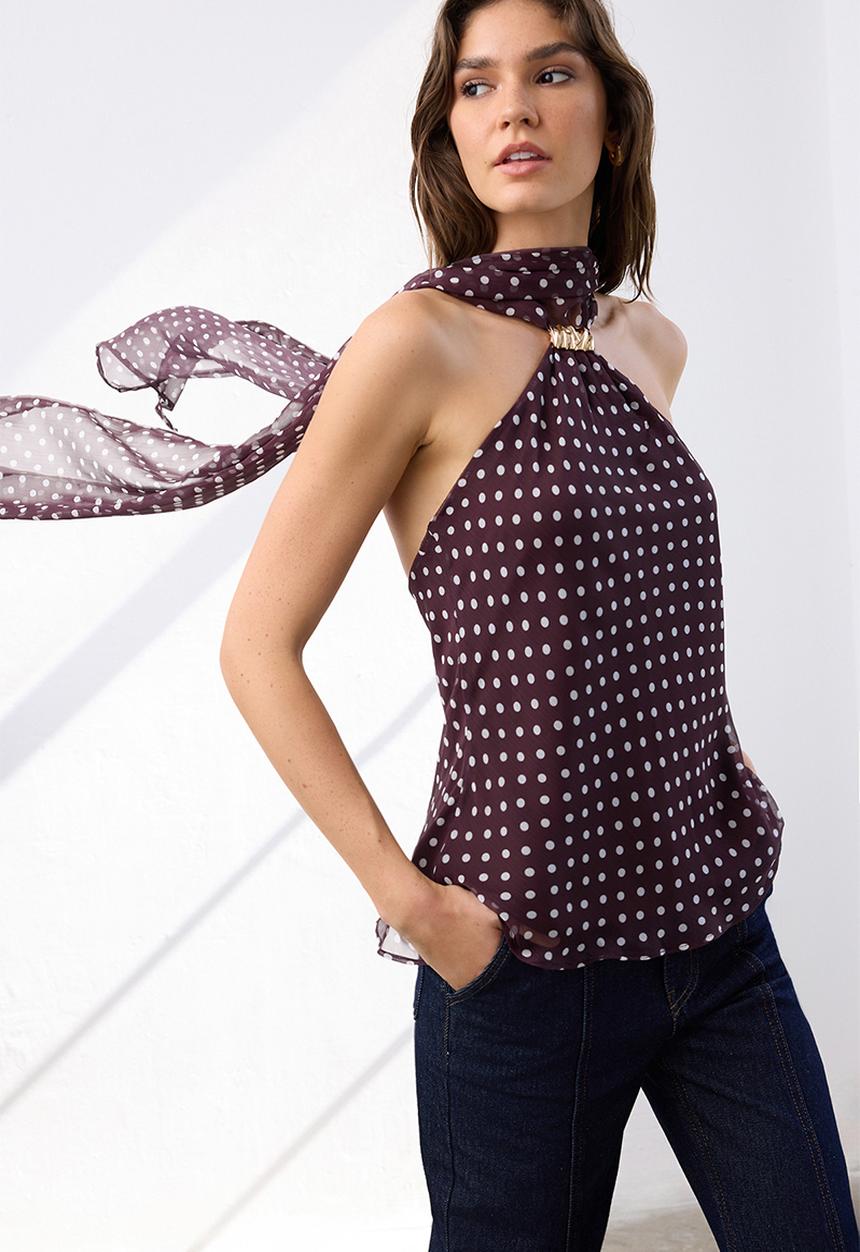 Trendyol - Polka Dot Halter Neck Blouse - Dark Burgundy