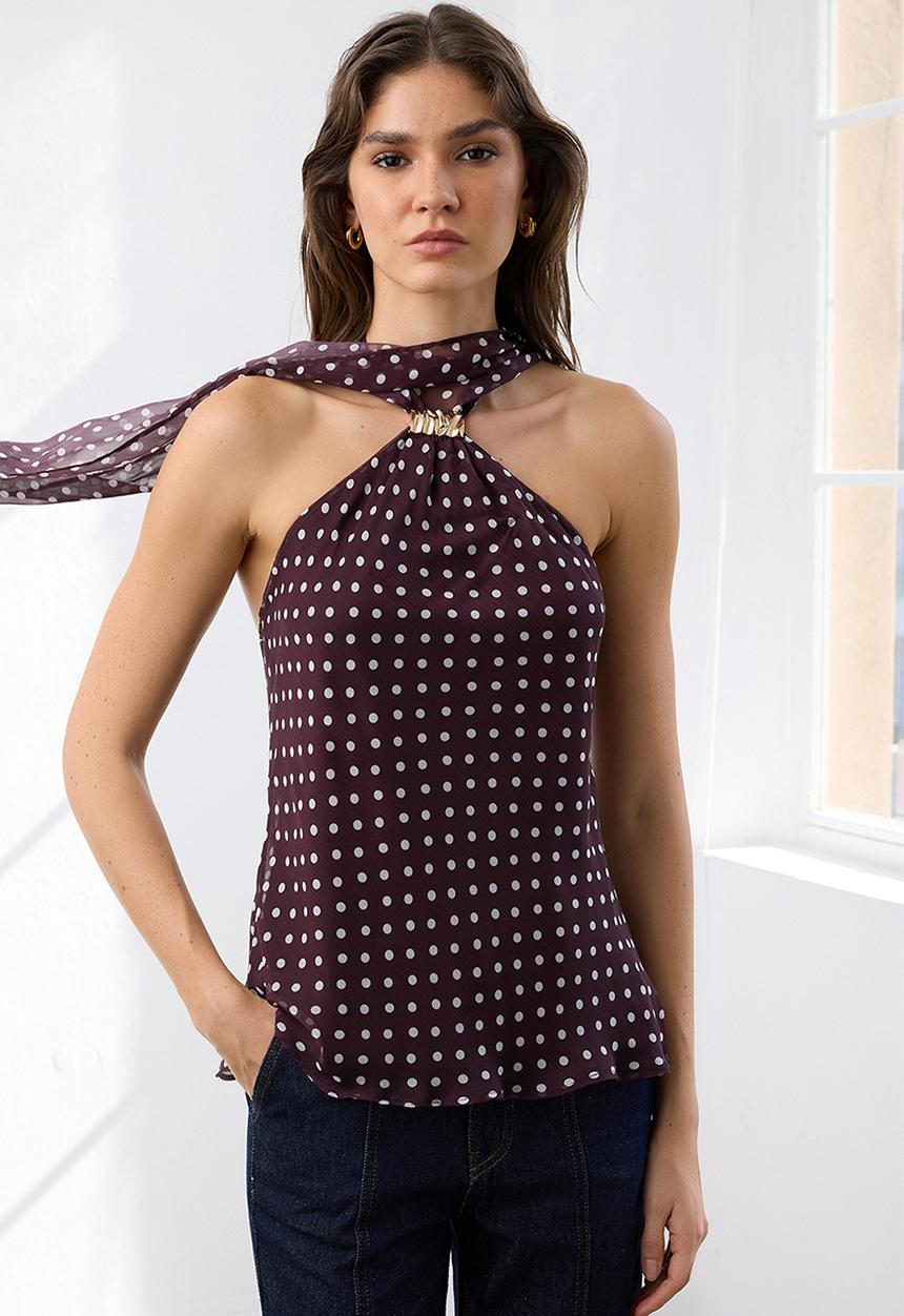 Trendyol - Polka Dot Halter Neck Blouse - Dark Burgundy