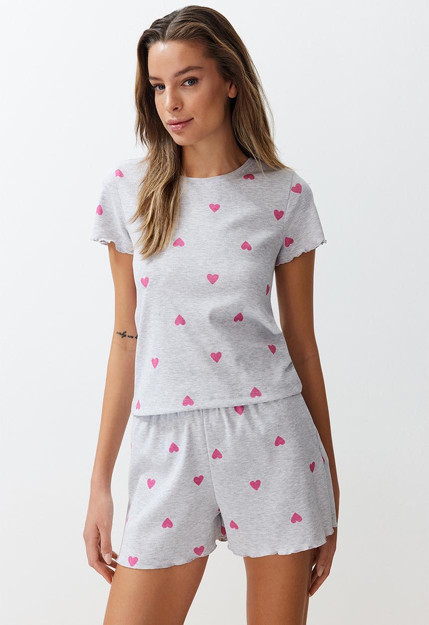 Trendyol - Heart-printed slogan pajama shorts set - gray melange