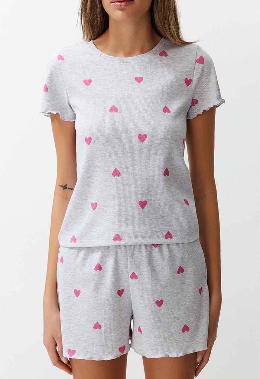 Trendyol - Heart-printed slogan pajama shorts set - gray melange