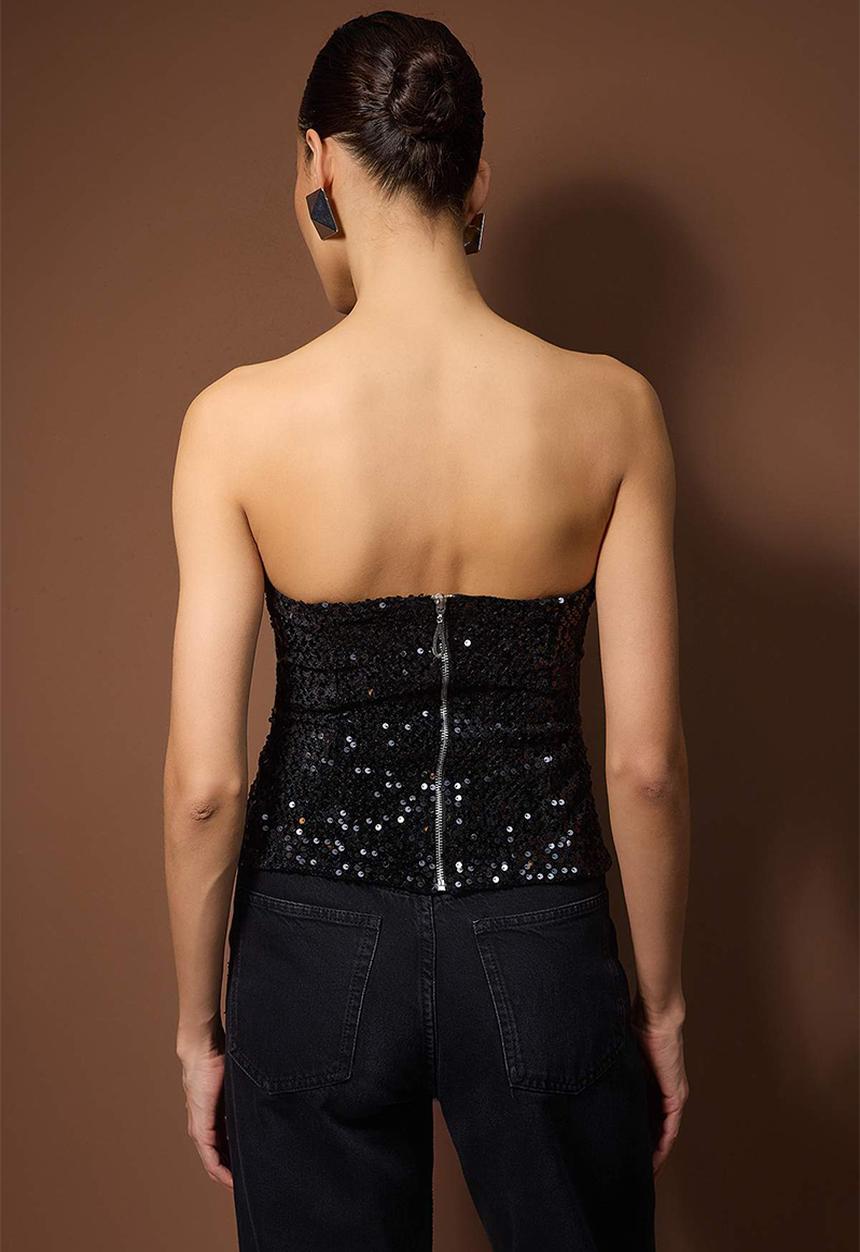 Trendyol - Strapless Sequined Bodycon Blouse - Black