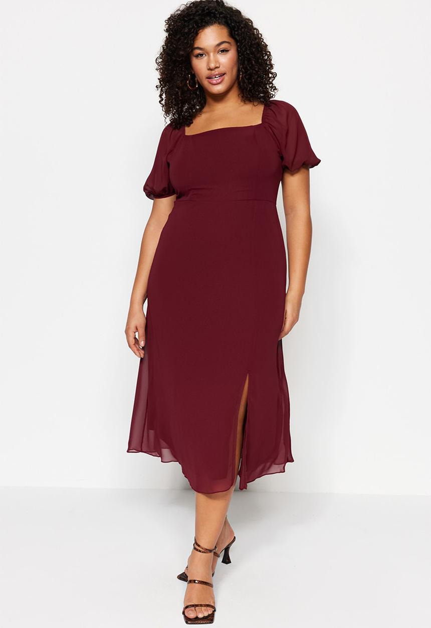 Trendyol - Plus Woven Slit Dress - Burgundy