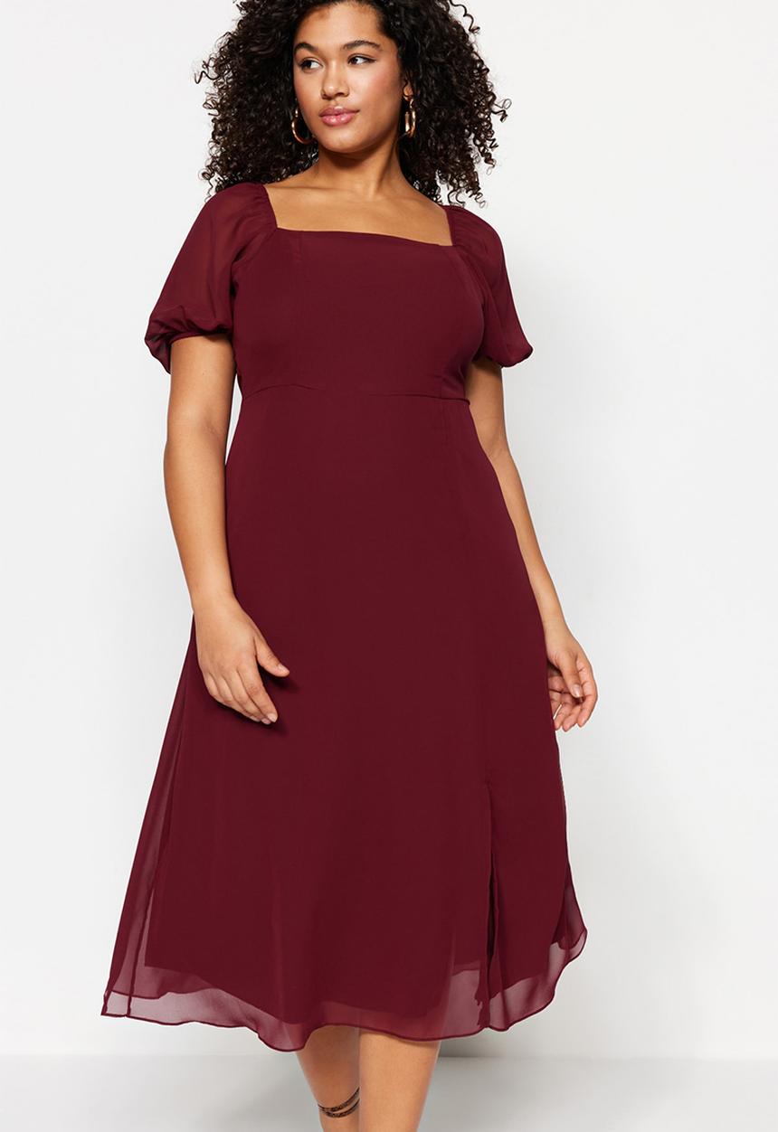 Trendyol - Plus Woven Slit Dress - Burgundy