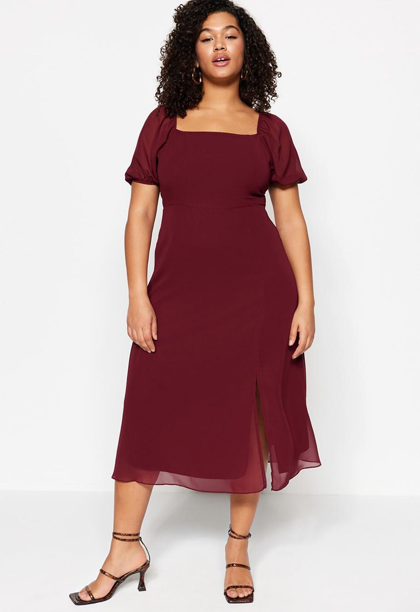 Trendyol - Plus Woven Slit Dress - Burgundy
