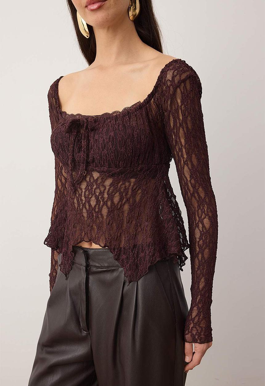 Trendyol - Square Collar Lace Blouse - Burgundy